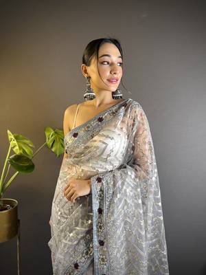Grey butterfly net c embroidery work ceremonial saree 4