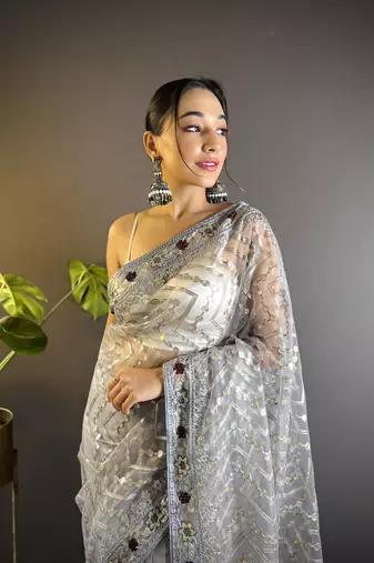 Grey butterfly net c embroidery work ceremonial saree