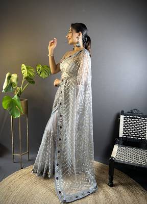 Grey butterfly net c embroidery work ceremonial saree 5