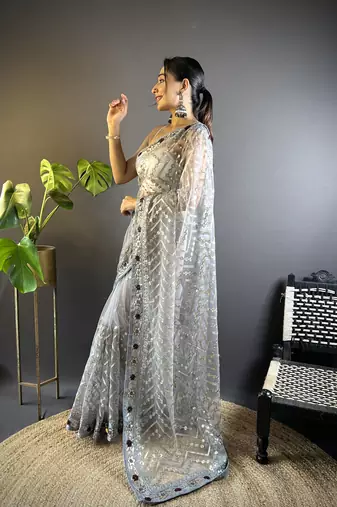 Grey butterfly net c embroidery work ceremonial saree