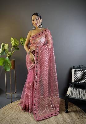 Pink butterfly net c embroidery work ceremonial saree 1
