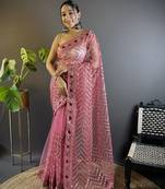 Pink butterfly net c embroidery work ceremonial saree