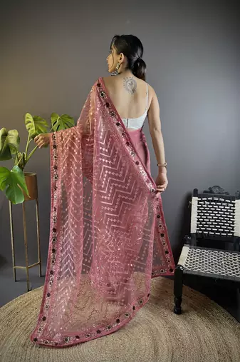 Pink butterfly net c embroidery work ceremonial saree