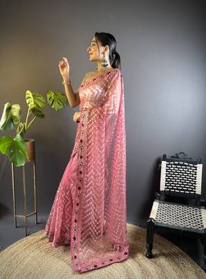 Pink butterfly net c embroidery work ceremonial saree 5
