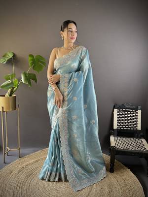Blue gold crunchy saree with sequins embroidery and cut work 1