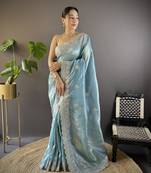 Blue gold crunchy saree with sequins embroidery and cut work