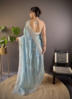 Blue gold crunchy saree with sequins embroidery and cut work 2