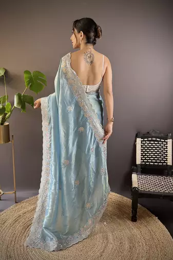 Blue gold crunchy saree with sequins embroidery and cut work