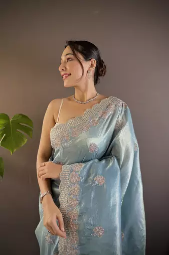 Blue gold crunchy saree with sequins embroidery and cut work