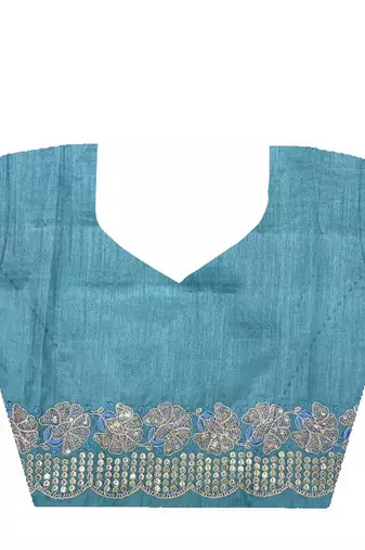 Blue gold crunchy saree with sequins embroidery and cut work