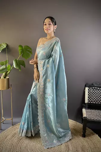 Blue gold crunchy saree with sequins embroidery and cut work