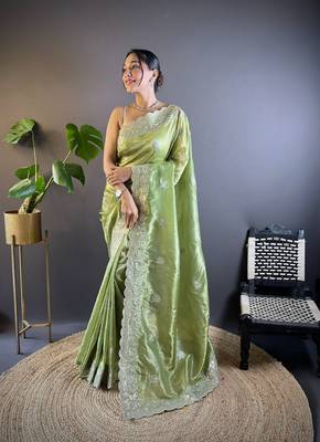 Green gold crunchy saree with sequins embroidery and cut work 1