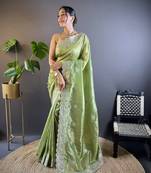 Green gold crunchy saree with sequins embroidery and cut work