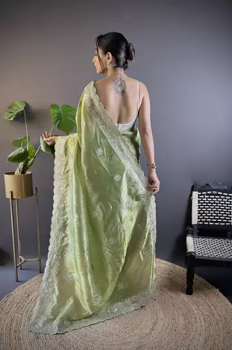 Green gold crunchy saree with sequins embroidery and cut work