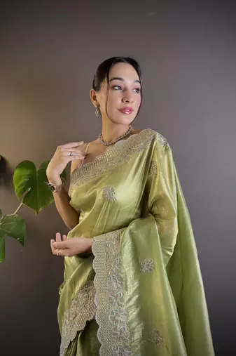 Green gold crunchy saree with sequins embroidery and cut work