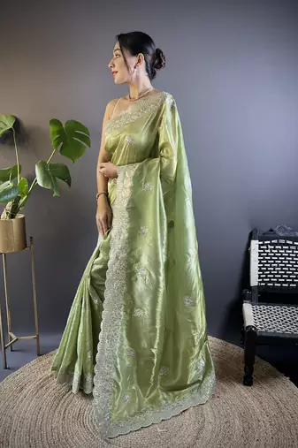 Green gold crunchy saree with sequins embroidery and cut work