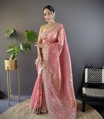 Pink gold crunchy saree with sequins embroidery and cut work