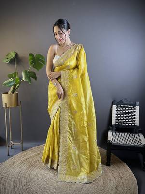 Yellow gold crunchy saree with sequins embroidery and cut work 1