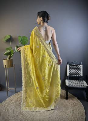 Yellow gold crunchy saree with sequins embroidery and cut work 2