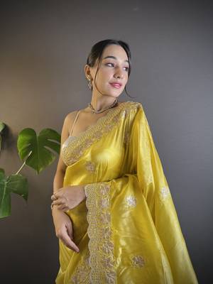 Yellow gold crunchy saree with sequins embroidery and cut work 3