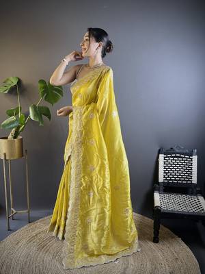 Yellow gold crunchy saree with sequins embroidery and cut work 5
