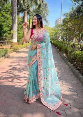 Blue silver tissue silk blend heavy embroidery saree ceremonial saree 1
