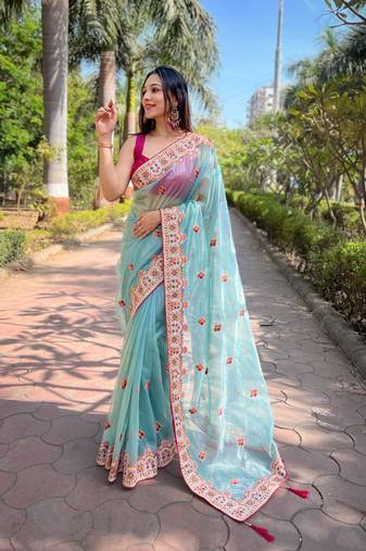 Blue silver tissue silk heavy embroidery saree for ceremonial saree