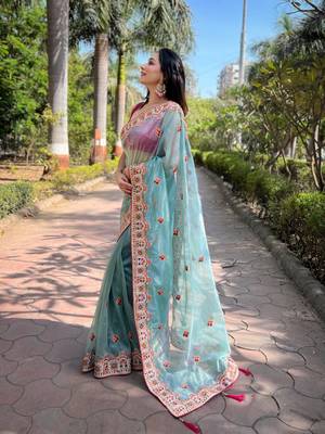 Blue silver tissue silk blend heavy embroidery saree ceremonial saree 3