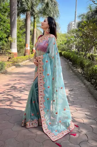 Blue silver tissue silk blend heavy embroidery saree ceremonial saree