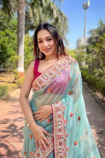 Blue silver tissue silk blend heavy embroidery saree ceremonial saree