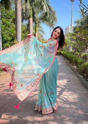 Blue silver tissue silk blend heavy embroidery saree ceremonial saree 5