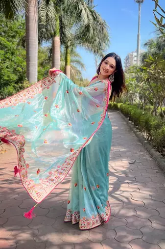 Blue silver tissue silk blend heavy embroidery saree ceremonial saree