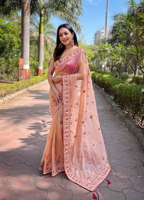 Peach silver tissue silk blend heavy embroidery saree ceremonial saree 1