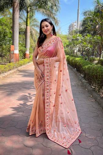 Peach silver tissue silk heavy embroidery saree for ceremonial saree