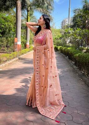 Peach silver tissue silk blend heavy embroidery saree ceremonial saree 3