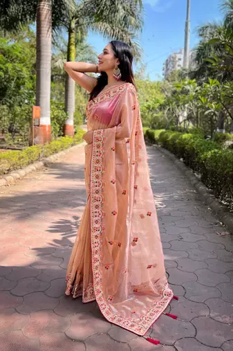 Peach silver tissue silk blend heavy embroidery saree ceremonial saree
