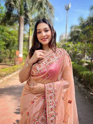 Peach silver tissue silk blend heavy embroidery saree ceremonial saree 4