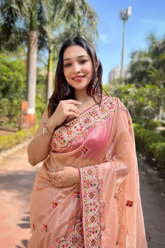 Peach silver tissue silk blend heavy embroidery saree ceremonial saree