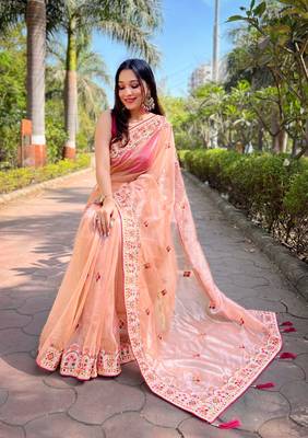 Peach silver tissue silk blend heavy embroidery saree ceremonial saree 5