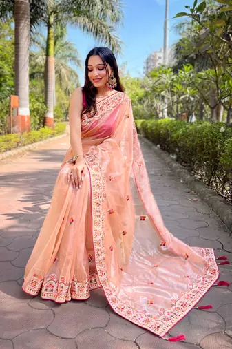 Peach silver tissue silk blend heavy embroidery saree ceremonial saree