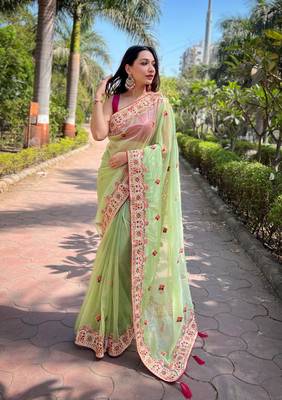 Green silver tissue silk blend heavy embroidery saree ceremonial saree 1