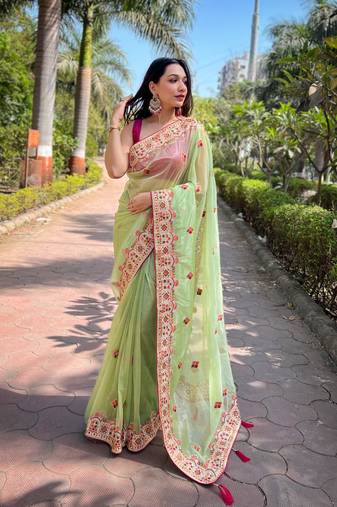 Green silver tissue silk heavy embroidery saree for ceremonial saree