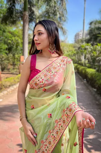 Green silver tissue silk blend heavy embroidery saree ceremonial saree