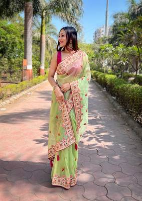 Green silver tissue silk blend heavy embroidery saree ceremonial saree 5