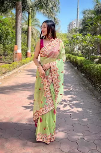 Green silver tissue silk blend heavy embroidery saree ceremonial saree