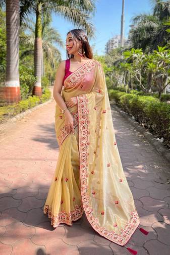 Yellow silver tissue silk heavy embroidery saree for ceremonial saree