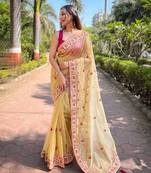 Yellow silver tissue silk heavy embroidery saree for ceremonial saree