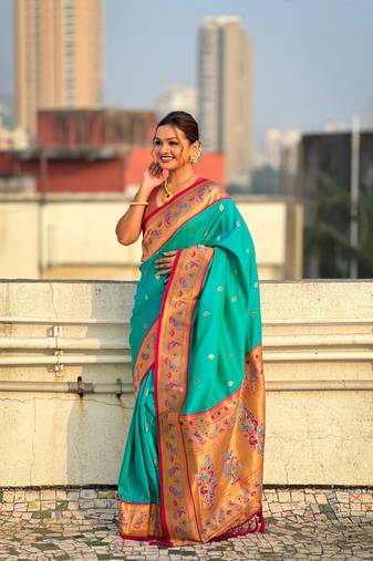 Glamorous weaving meenakari designer soft silk ethnic partywear sea green saree