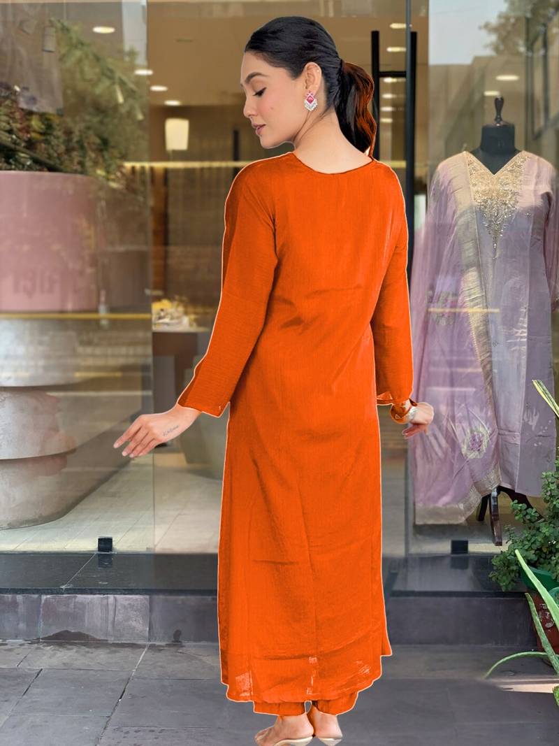 Silk Chiffon Fabric work Straight cut Kurta, Pant and Dupatta Set