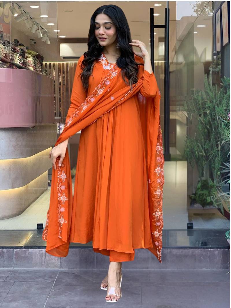 Silk Chiffon Fabric work Straight cut Kurta, Pant and Dupatta Set